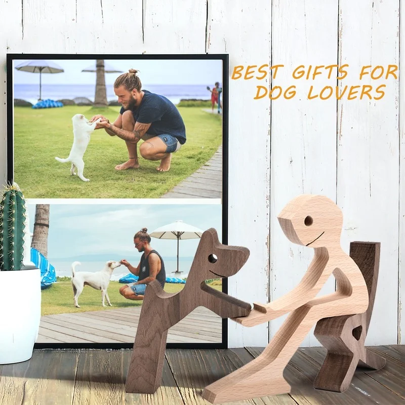 

Handmade Wood Dog Decor Sculptures Craft Creative Figurine Ornement Decoration For Bedroom Home Office Decor Gift Natural