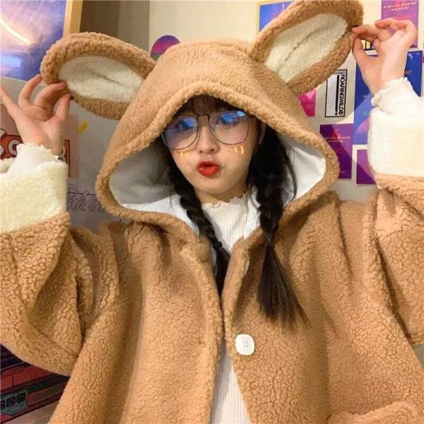 Double-Layer Hat Lamb down Sweater Women's Rabbit Ears Long Sleeve Rac |