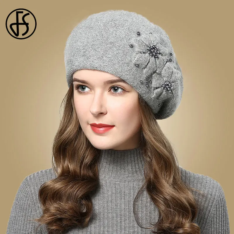 FS зимние розовые шапки берет для женщин со стразами и кроличьими цветами женские