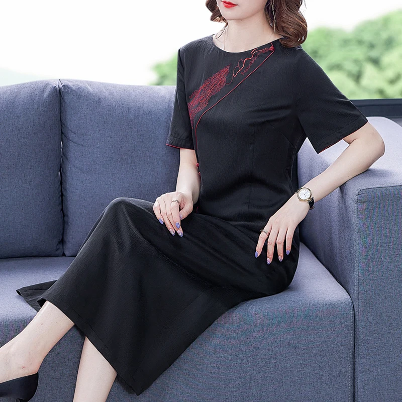 

COIGARSAM 4XL Plus Size Cheongsam Women dress New Summer Dresses Black 5319