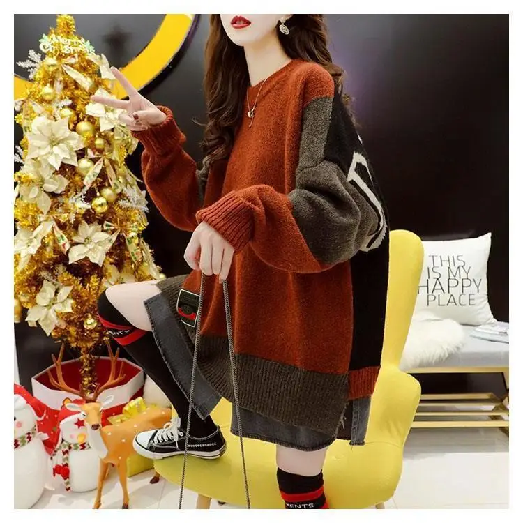 

Plus size fat mm fake two long sweater women thick autumn and winter new loose lazy wind retro bottoming shirt