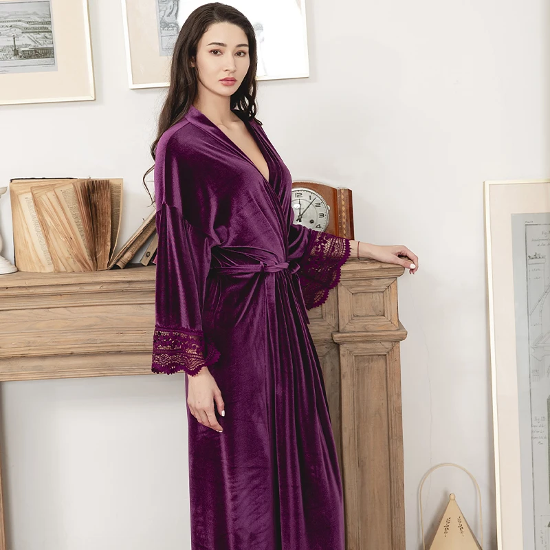 Bride Bridesmai Long Velvet Robes with Lace Robe for Women Party Soft Fuzzy  Wedding Homewear Bathrobe purple velvet robe