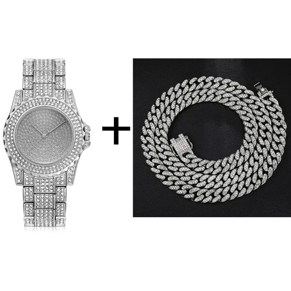 Watch and Chain 60cm Ожерелье в стиле хип-хоп+ часы+ браслет, полностью вымощенные стразы, кубинская цепочка в стиле кантри, золото, CZ, побрякушка для Мужчин, Ювелирные изделия - Окраска металла: Watch and Chain 60cm