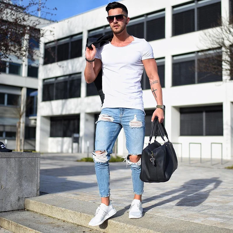 Europe  America Men's Ripped Jeans Sexy Cool Stree Style Fashion Denim Pants Slim Frayed Casual Pants Trousers Biker Jeans