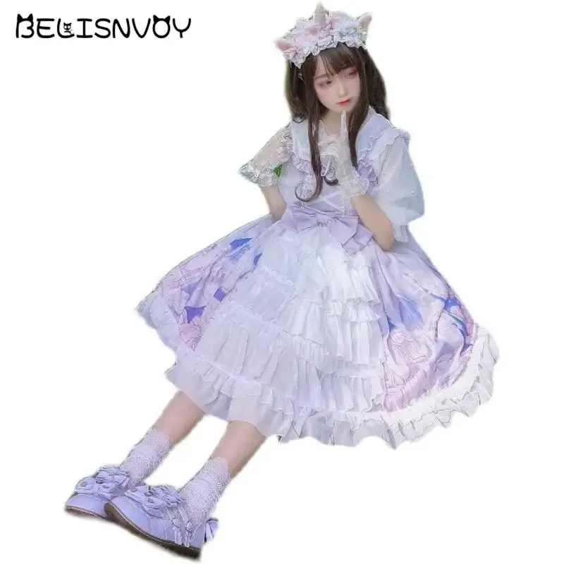 

Kawaii Women Lolita Clothing Japanese 2021 New Summer Sweet Girls Lolita Strap Bowknot Dress Cute Lace Ruffle Loose Jsk Lolita