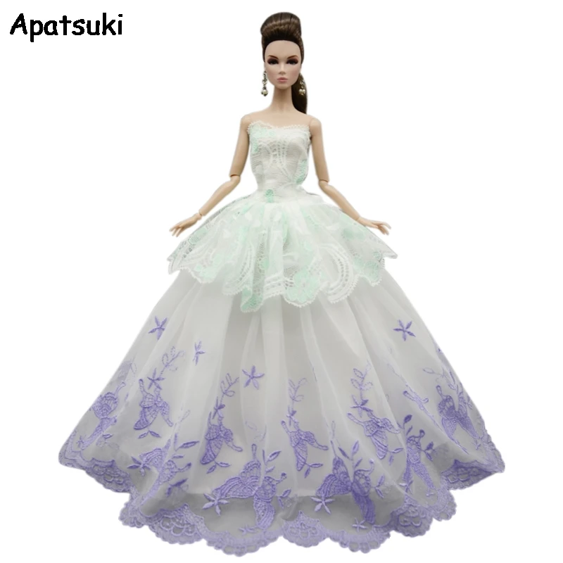 Белое фиолетовое цветочное кружевное свадебное платье для куклы Барби наряды