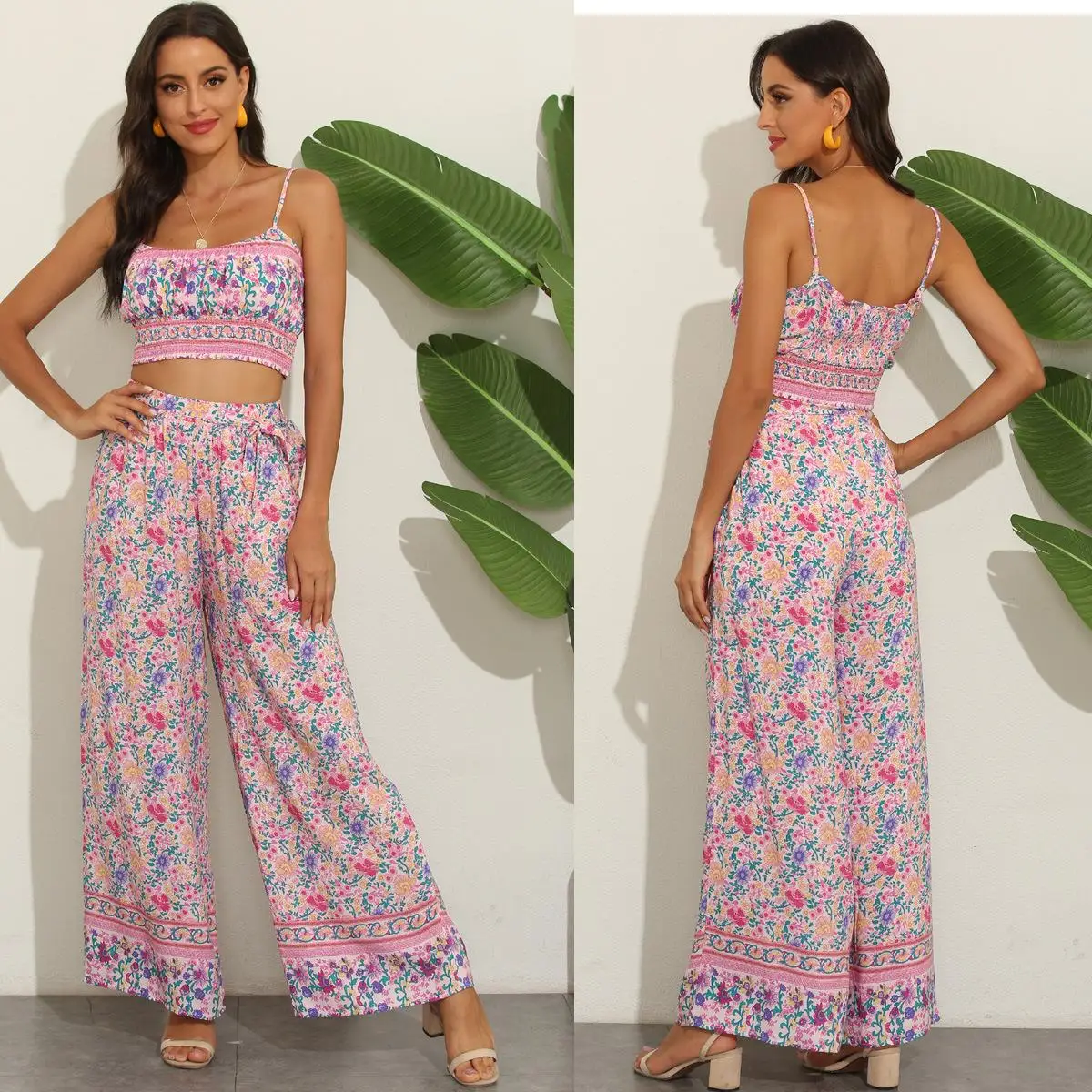

2021Spring new women's clothing European and American fashion vintage printed rayon printed vest+casual pants suit