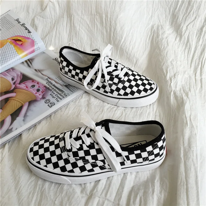 

Fashion Ladies Sneakers \Casual Shoes Summer Canvas Shoes Sneakers Lace Women Black and White Plaid Tynis Feminino