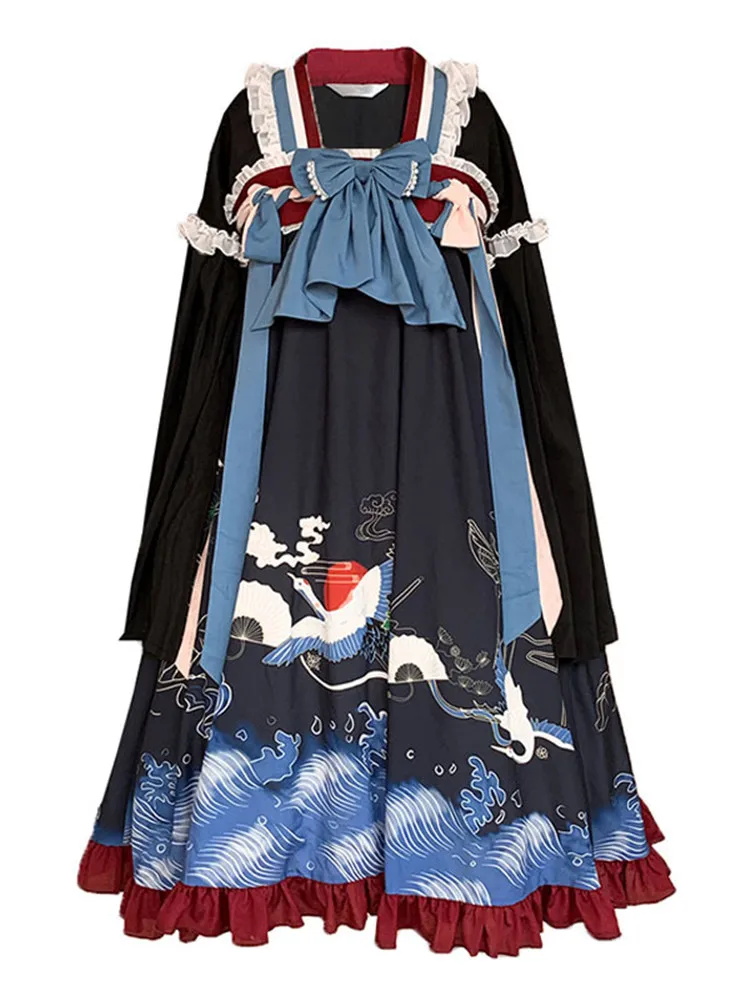 Платье Лолиты с длинными рукавами в китайском стиле принтом черное цельное