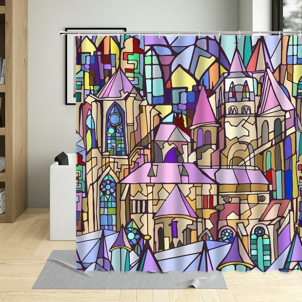 

Cartoon Design House Kids Shower Curtains Town Illustration Bathroom Curtains For Living Room Childrens Decor Gifts With Hooks