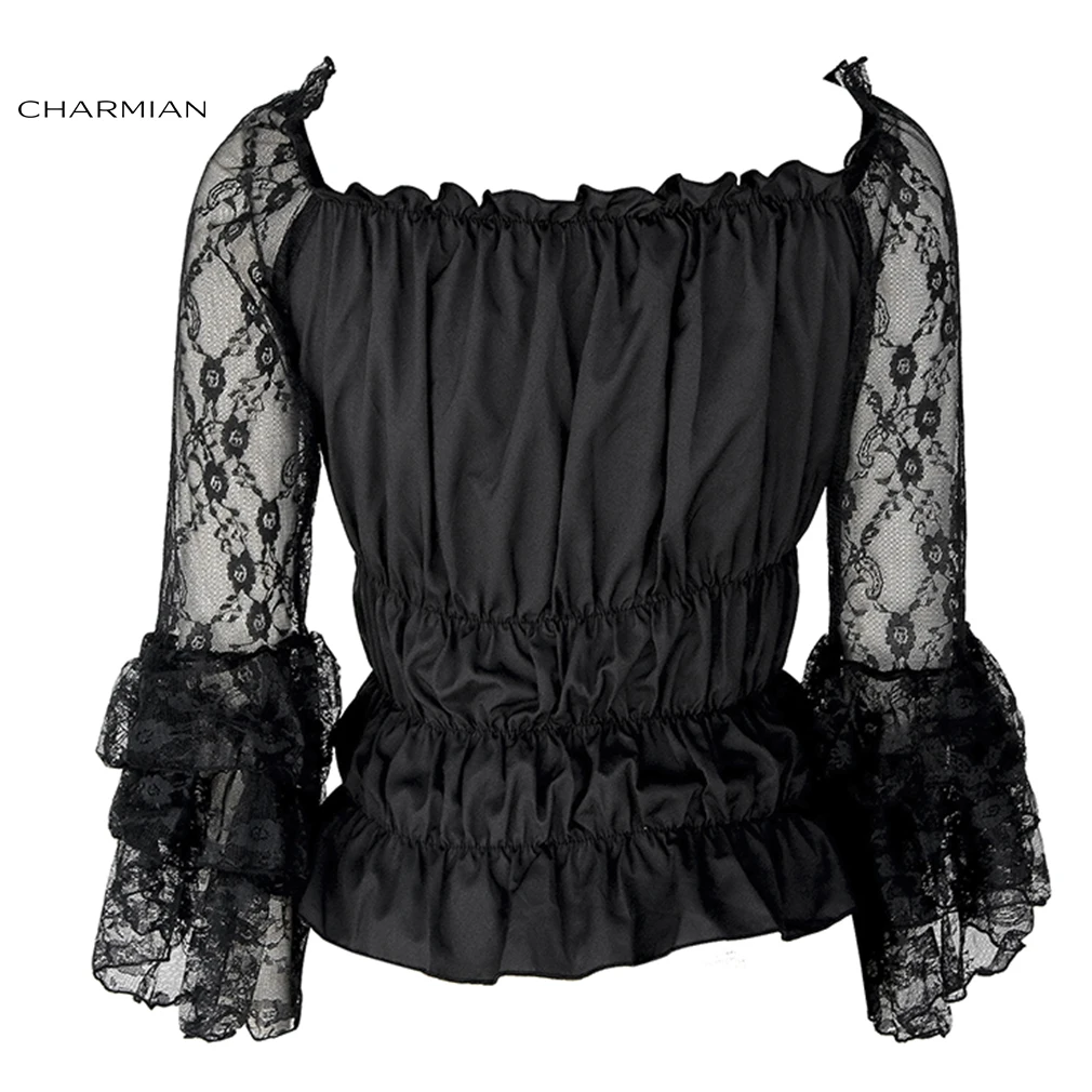 

Charmian Victorian Blouse Top Women's Gothic Off Shoulder Long Sheer Lace Layered Flared Sleeve Ruffled Boho Blouse Peasant Top