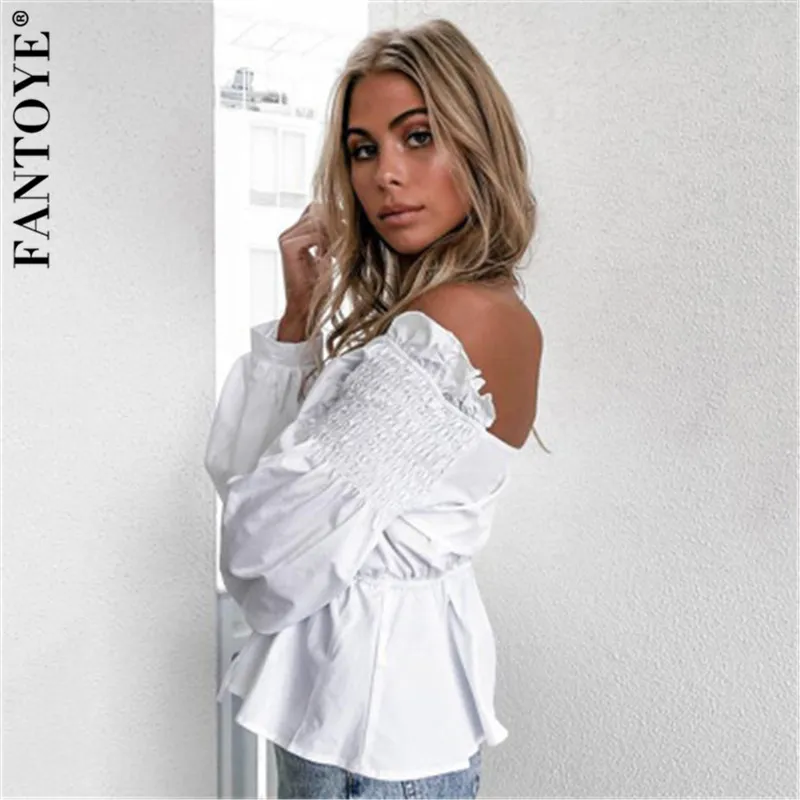 Fantoye сексуальная женская блузка с открытыми плечами белая элегантная рукав