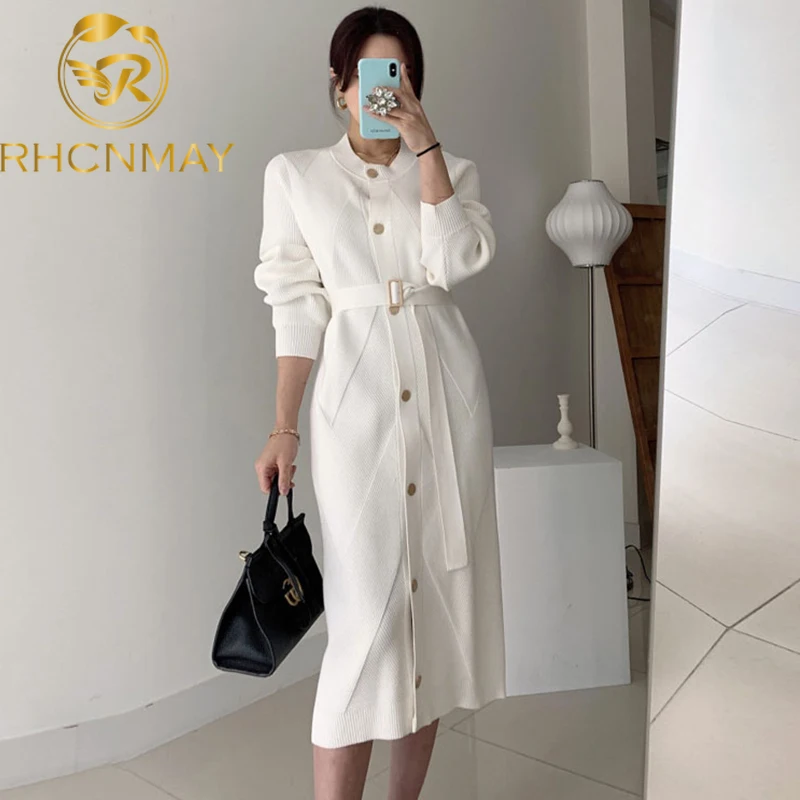 

Женское однобортное платье-свитер, Элегантное трикотажное платье средней длины в офисном стиле с о-образным вырезом и длинным рукавом, с по...