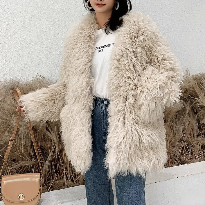 Шикарная одежда женская верхняя зимняя куртка оверсайз из натурального овечьего