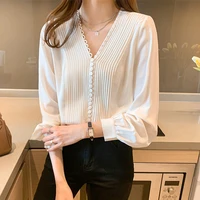 korean blouse women chiffon blouses women long sleeve button ladies tops woman white shirt woman v neck shirts pleated blouse