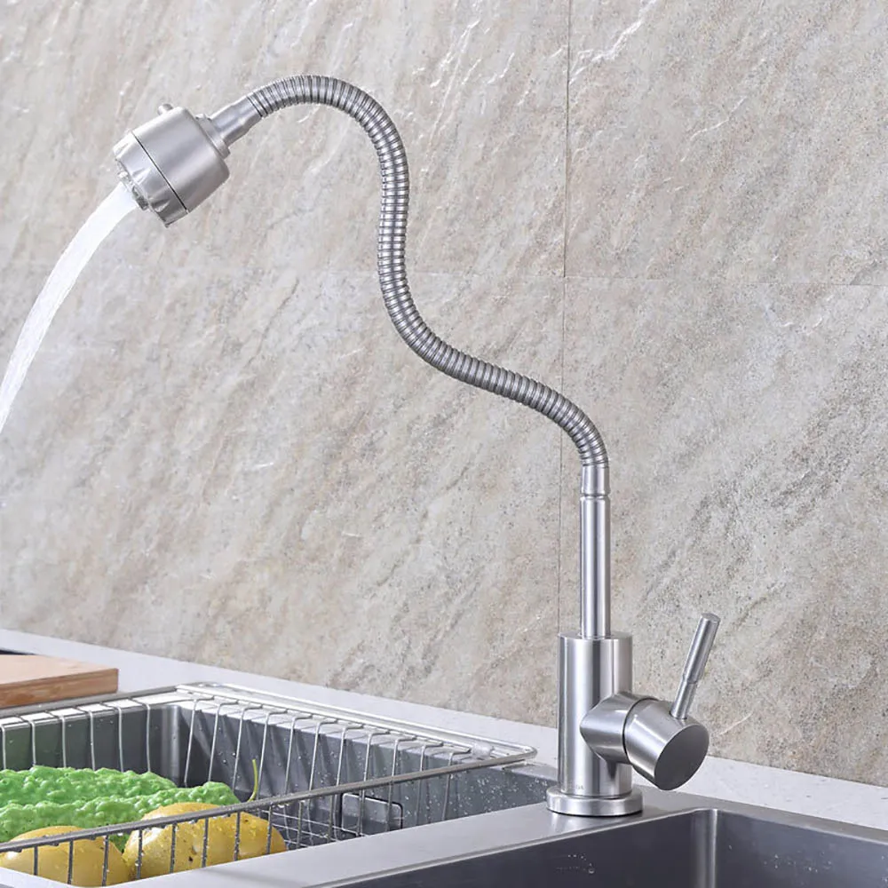 

360 Rotatable Flexible Deck Mounted 304 Stainless Steel Hot and Cold Water Mixer Sink Basin Tap Kitchen Faucet