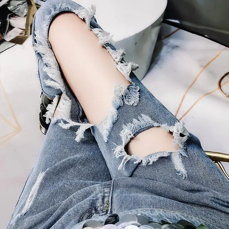 Весна-лето-осень 2020 новые женские модные повседневные джинсовые брюки рваные