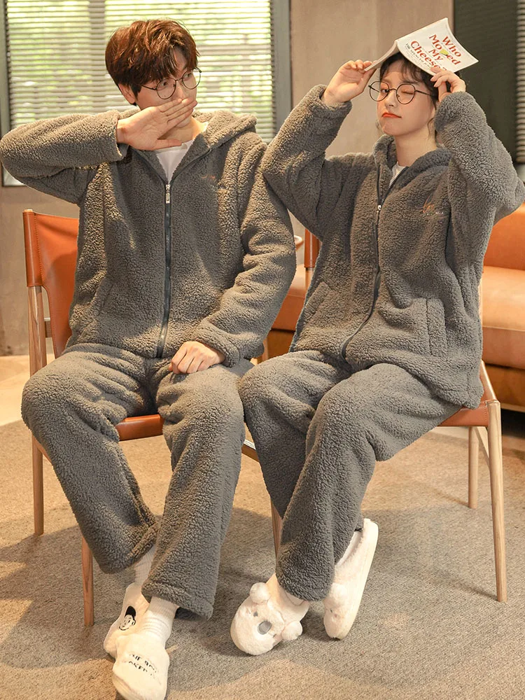 Autumn and Winter Couple Pajamas Women's Coral Fleece Thickened Long-Sleeved Hooded Zipper Men's Flannel Exercise Homewear
