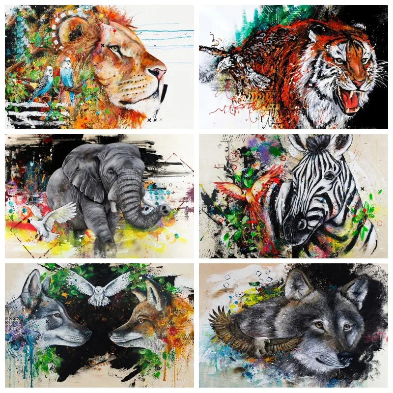

Graffiti Tiger Lion Elephant Wolf Bear Art Canvas Print Painting Watercolor Animal Abstract Wall Picture Home Decoration Poster
