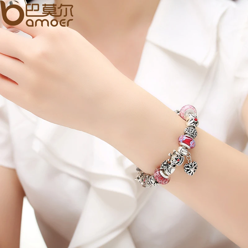 

BAMOER Queen Jewelry Silver Plated Charms Bracelet & Bangles With Queen Crown Beads Bracelet for Women PA1823