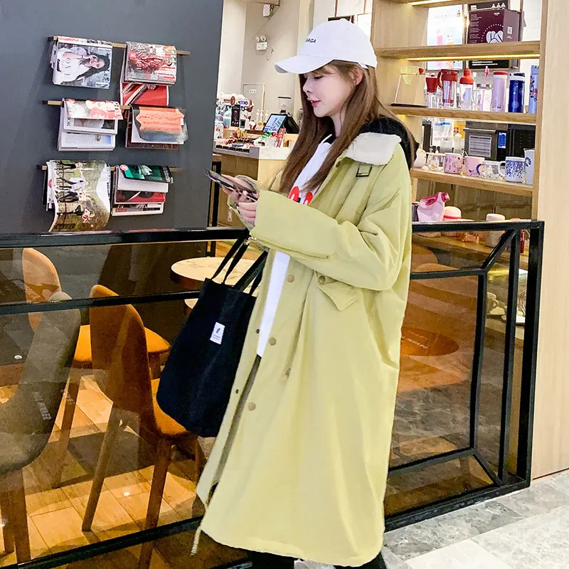 

Women Lamb Wool Collar Long Hooded Oversize Winter Dress Down Coat Thick Warm Jacket Cotton Padded Wadded Parkas 3D Big Pocket