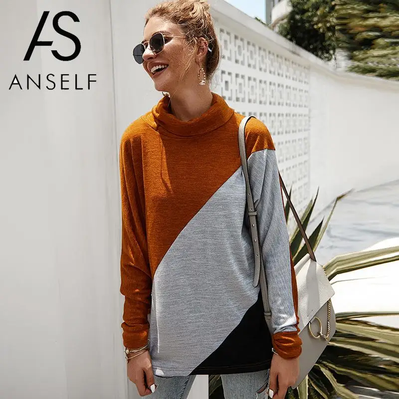 Женская водолазка с длинным рукавом свободная Модная туника контрастными