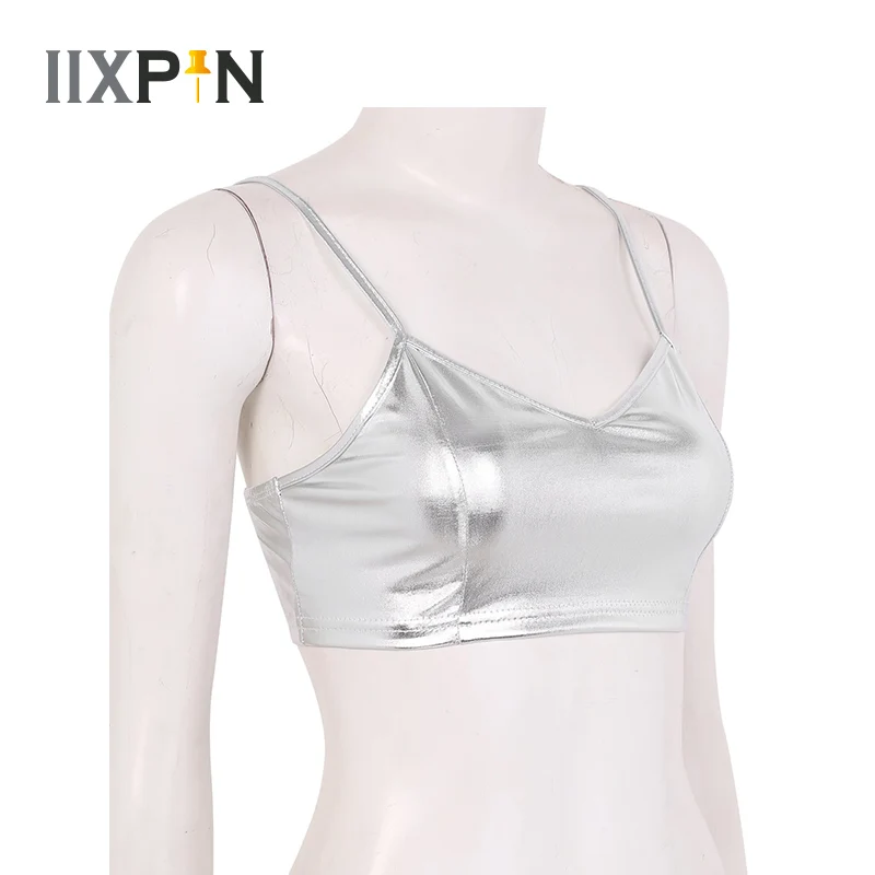 Женский укороченный топ для занятий фитнесом блестящая металлическая майка