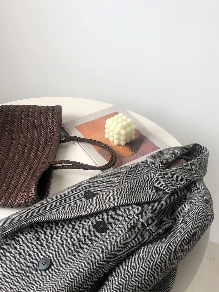 Шерстяное пальто на осень и зиму женское повседневное длинное серое двубортное