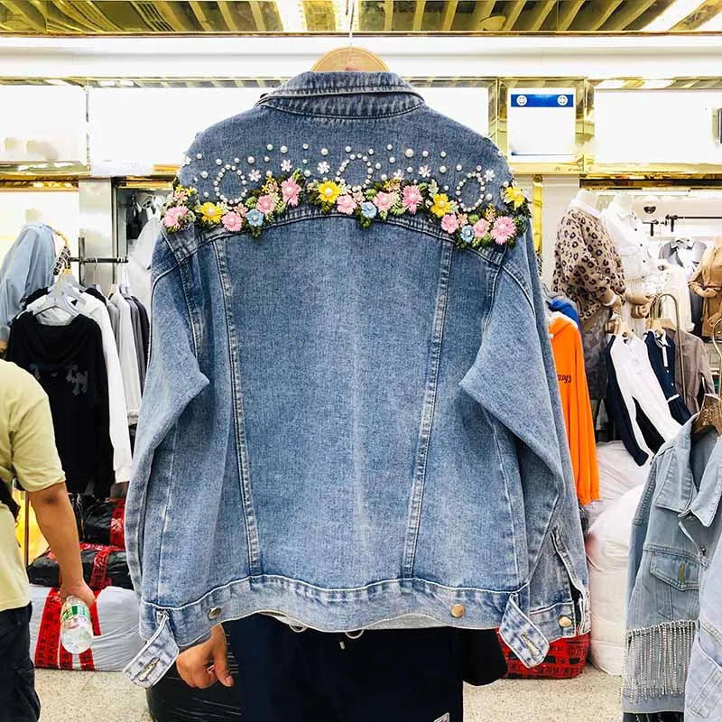 Тяжелая работа бисером цветок джинсовая куртка 2019 осень новая свободная