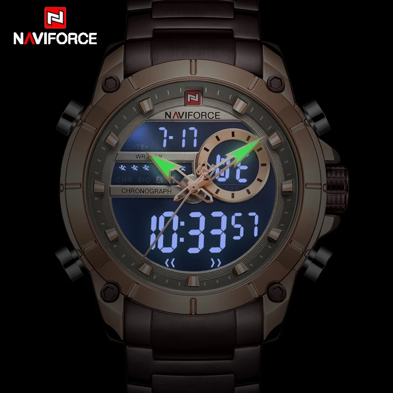 Новинка NAVIFORCE мужские военные модные часы золотые кварцевые наручные часы Стальные водонепроницаемые часы с двойным дисплеем мужские часы Relogio Masculino