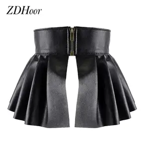 Women Ladies Fashion PU Leather Elastic Wide Waistband Classic Stretch Pleated Skirt Peplum Cinch Be