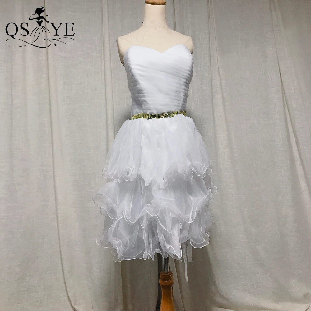 

Organza White Short Prom Dress Bead Belt Ruched Princess Prom Cocktail Gown Sleeveless Off Shoulder Gown Ruffle Homecoming Dress