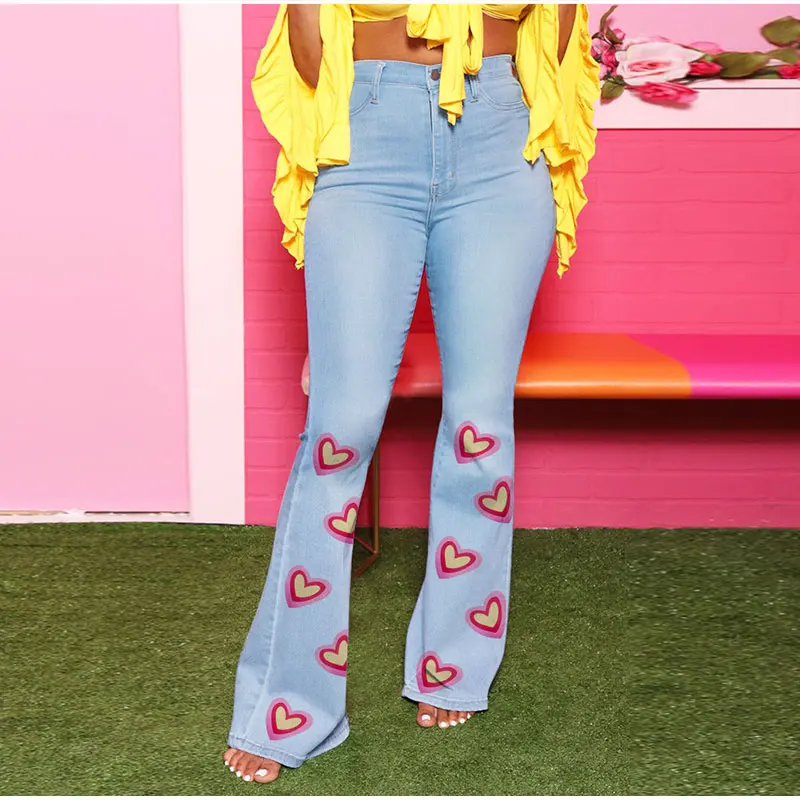 Женские широкие брюки Melody винтажные голубые расклешенные с принтом сердечек в