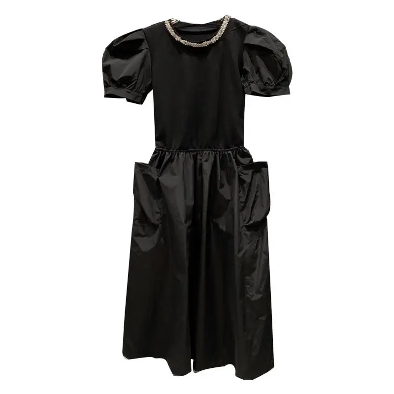 

Fake Two-Piece Women Dress 2021 Summer Rhinestone Neckline Pearl Stitching Dress Fashion Large Pocket Elegant Midi Black Dress