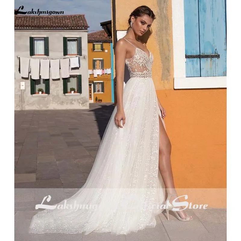 Сексуальное иллюзионное свадебное платье для путешествий свадебное пляжное платье с жемчугом и бисером из тюля с коротким шлейфом арабское платье