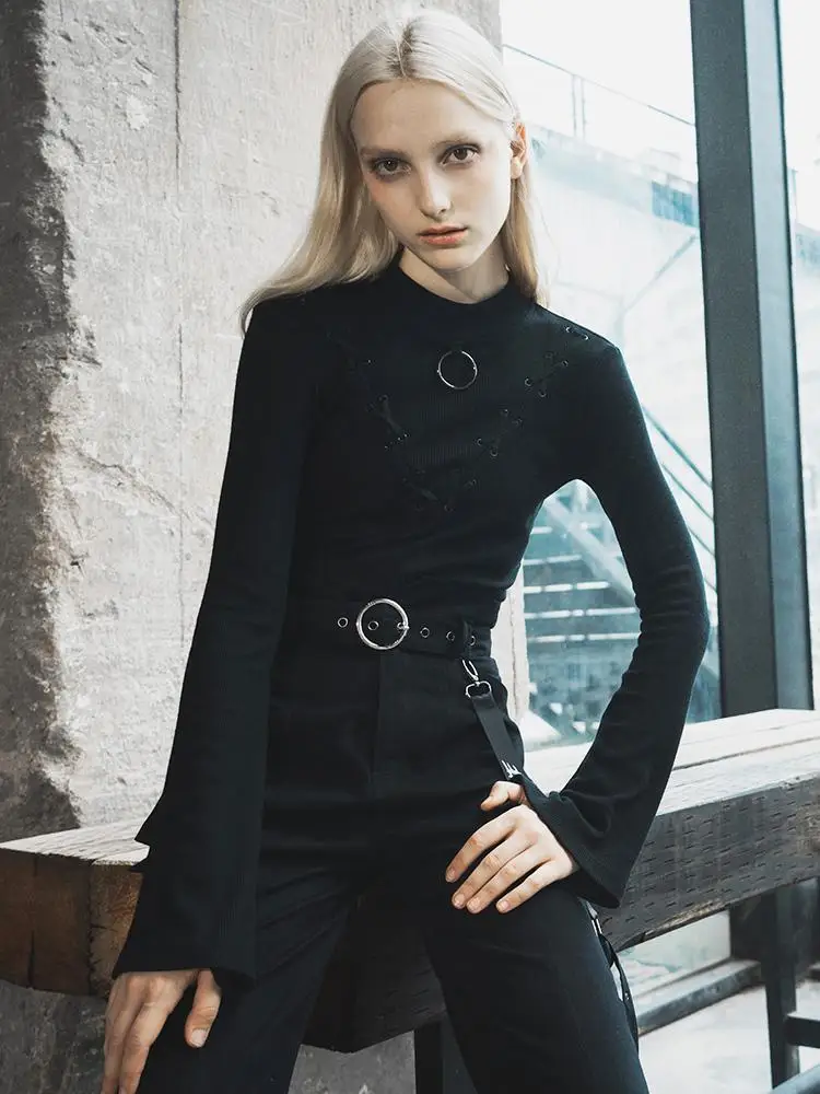 Панк Rave женская готическая шнуровка с расклешенными рукавами футболка PT-405 |