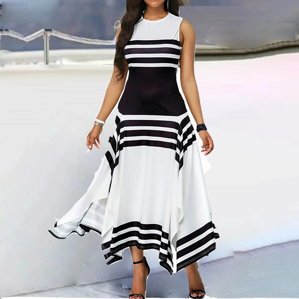 

OTEN Summer Stripe Print Sleeveless Dress Women O Neck Strechy Slit Irregular Ruffle Hem Casual Dresses bande Vestido Raya Mujer