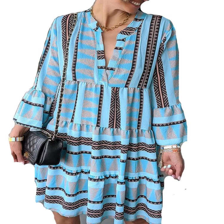 

2021 summer new ladies dress temperament geometric print V-neck flared sleeves large swing skirt beach dress