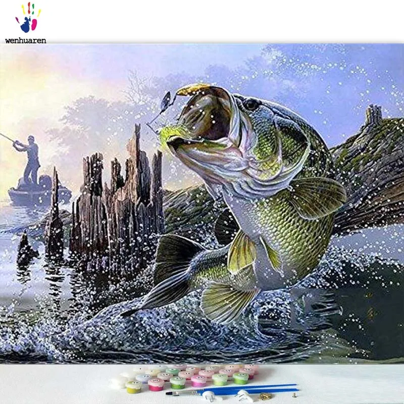 DIY картинки для раскраски по номерам с цветами изображение рыбака и рыбы