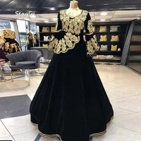 arabic black velvet caftan evening dresses with gold lace 2022 long sleeves applique vestidos novia kosovo albanian robe soir%c3%a9e