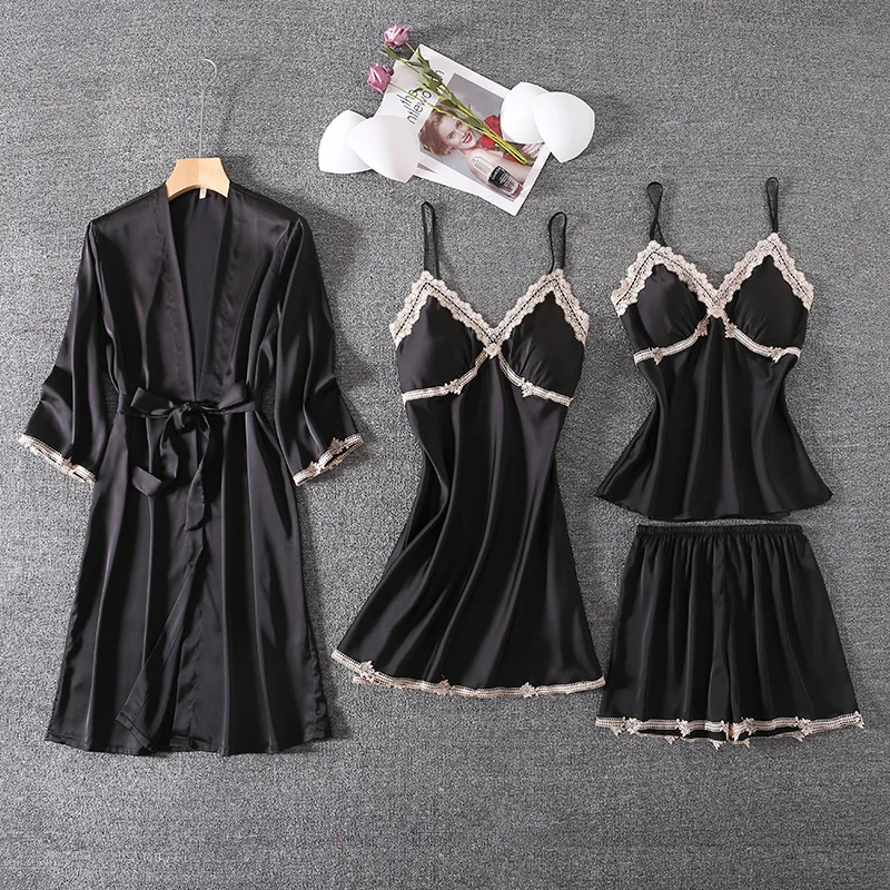 4 Pcs Suit Lace Fashion Women Pajamas With Cheat Pad V-Neck Pyjamas With Belt Satin Soft Touch Nightwear
