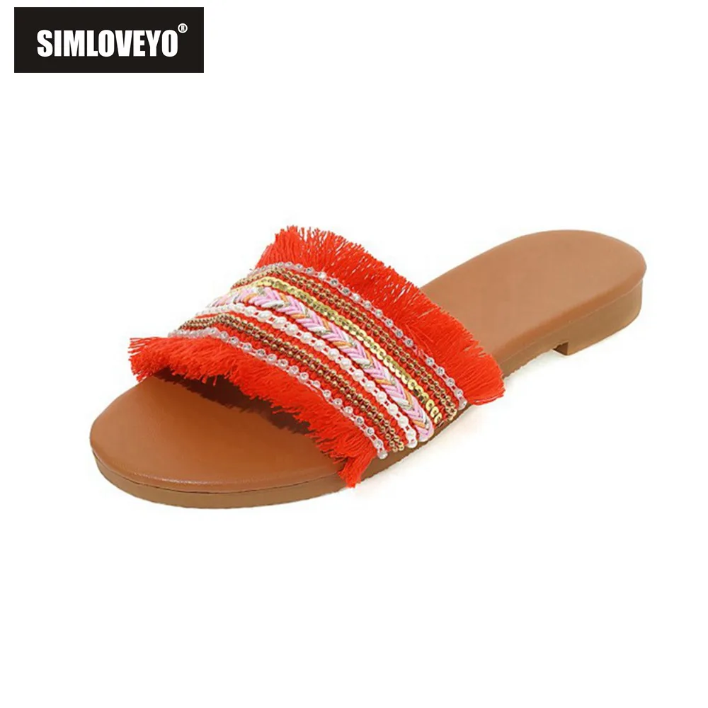 

Пляжные шлепанцы SIMLOVEYO, летние шлепанцы, Новое поступление, плоская подошва, без застежки, в богемном стиле, милые плетеные шлепанцы с бахром...