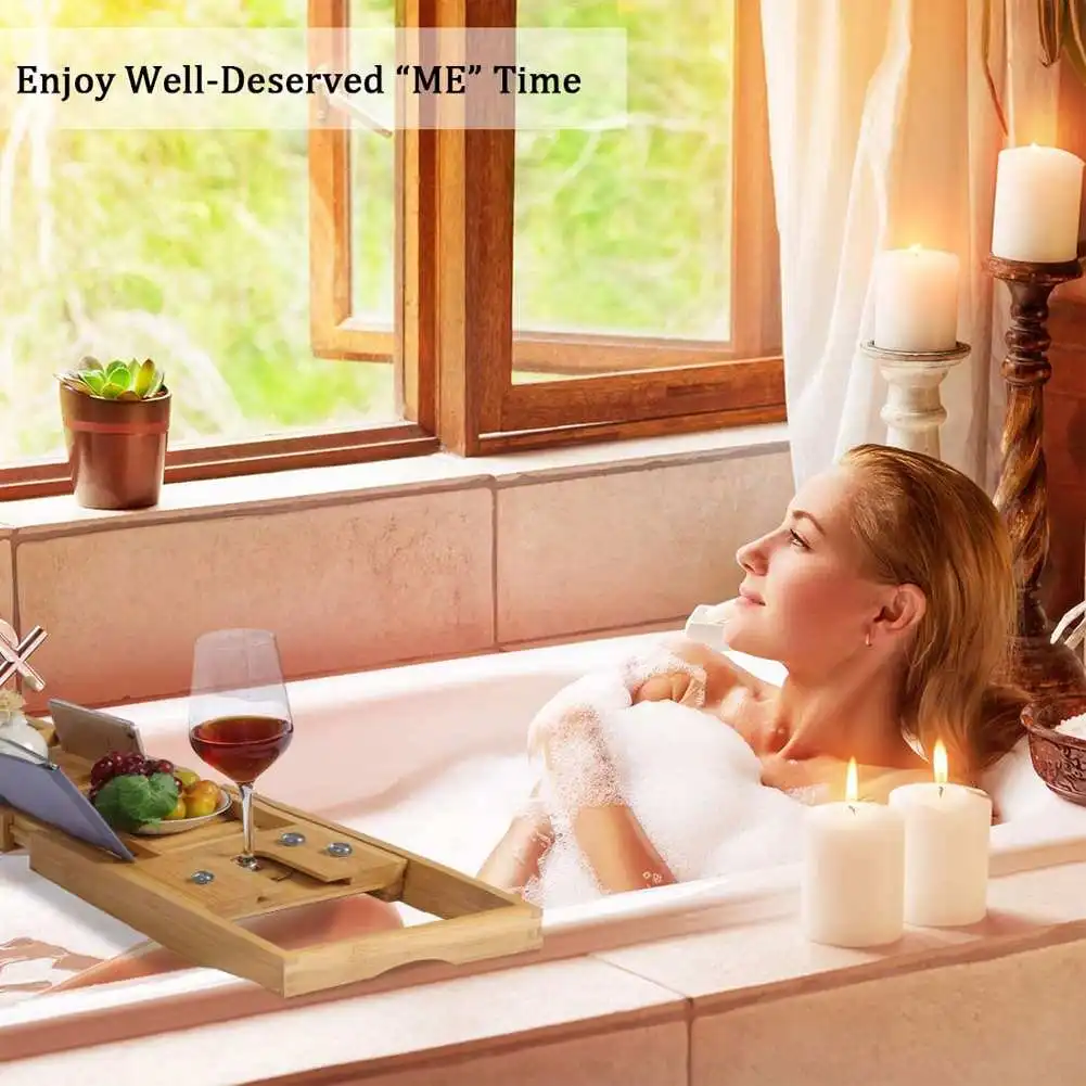 

Extendable Bamboo Bath Caddy Tray Adjustable Home Spa Wooden Bathtub Tray Book Wine Tablet Holder Reading Rack Shower Caddy