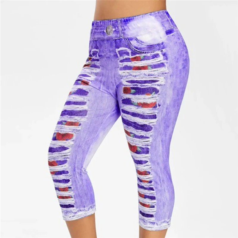 

3D Print Fake Jeans Leggings Women Plus Size High Waist Imitation Denim Trousers Capri Casual Workout Sports Pants 2021