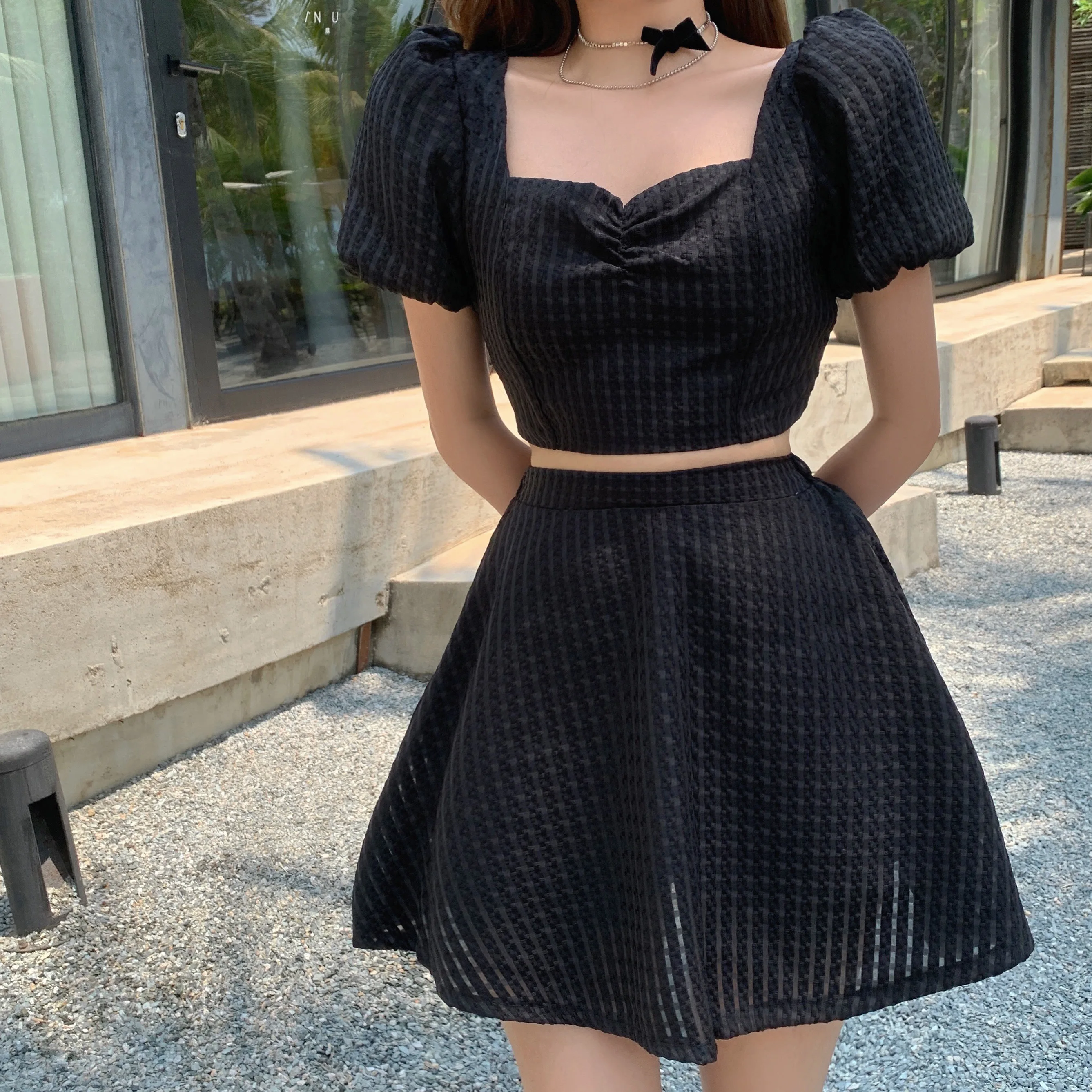

Ladies Skirt Suits Fashion Two Piece Set 2021 Summer New Women Short Sleeve Back Zipper Tops High Waist Slim A-Line Skirt Set