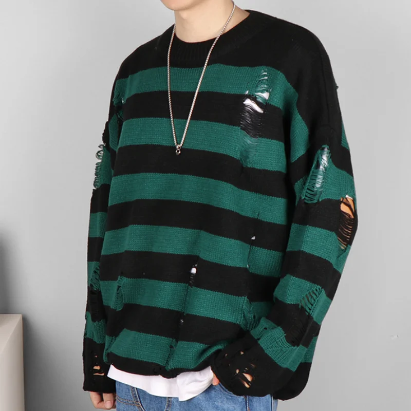 

Washed Knitted Sweater Women Striped Pullover Couples Sweater Ripped Holes Jumper Casual Sweater Loose Long Sleeve Jersey Mujer