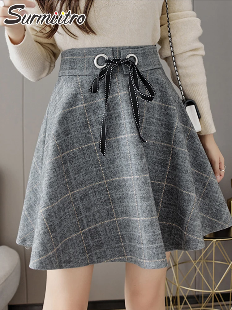 

SURMIITRO Y2k 2021 Осень Зима Толстая теплая шерстяная клетчатая мини-юбка в Корейском стиле женская серая черная короткая юбка с высокой талией