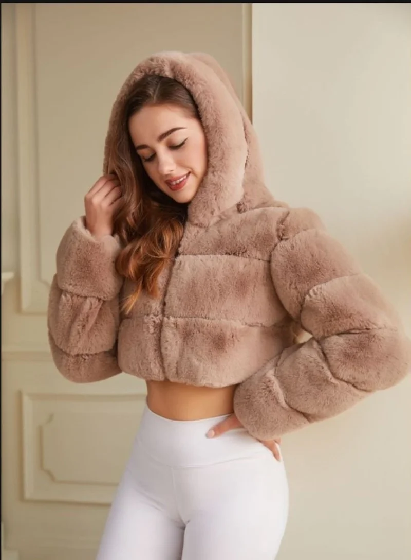 

Fashion Faux Fur Hooded Coats Women Warm Thick Furry Outwears Autumn Winter Solid Color Short Hoodies Casual Commute Coat Jacket