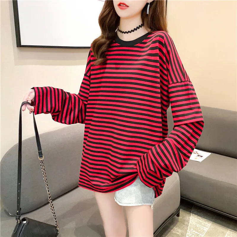 

harajuku Women Striped Oversize Tshirt Chic Fashion 90s full Sleeve Loose T-shirts Female Casual Tops Clothes Streetwear T shirt