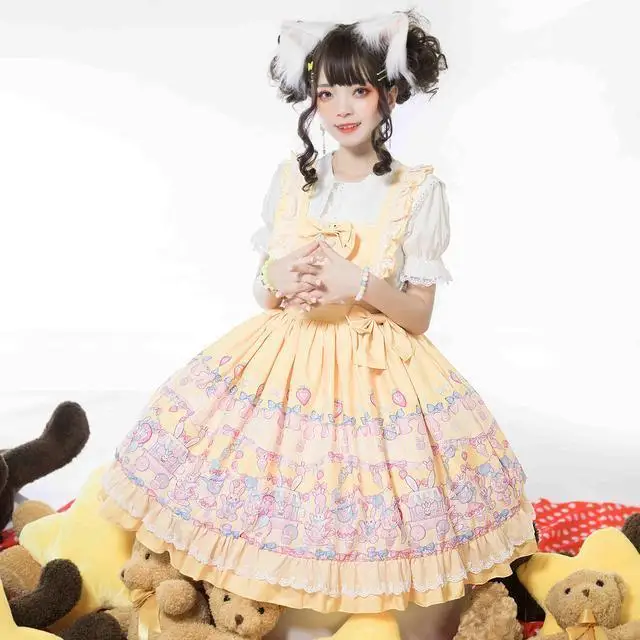 

Японский симпатичный Kawaii АО Лолита Кролик сладкий чай вечерние платье летнее платье без рукавов, кружевное платье принцессы с бантом Чай Ве...